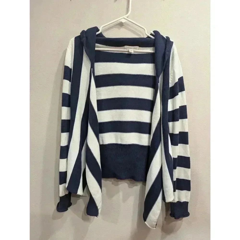 Navy and white knit open striped cardigan sweater by Coldwater Creek size M
